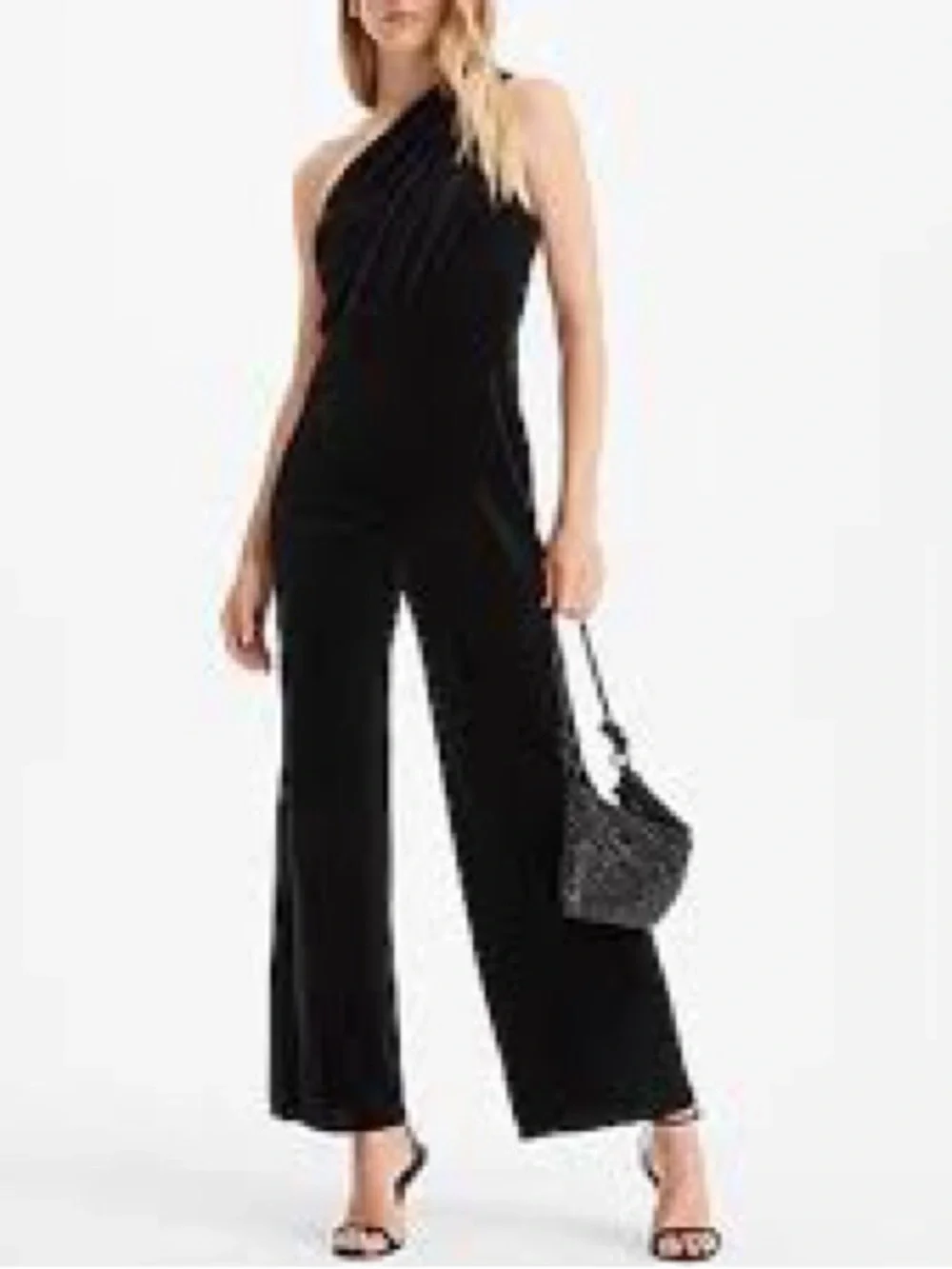 NWT Express velvet Black One-Shoulder Wide-Leg Jumpsuit Sz Medium